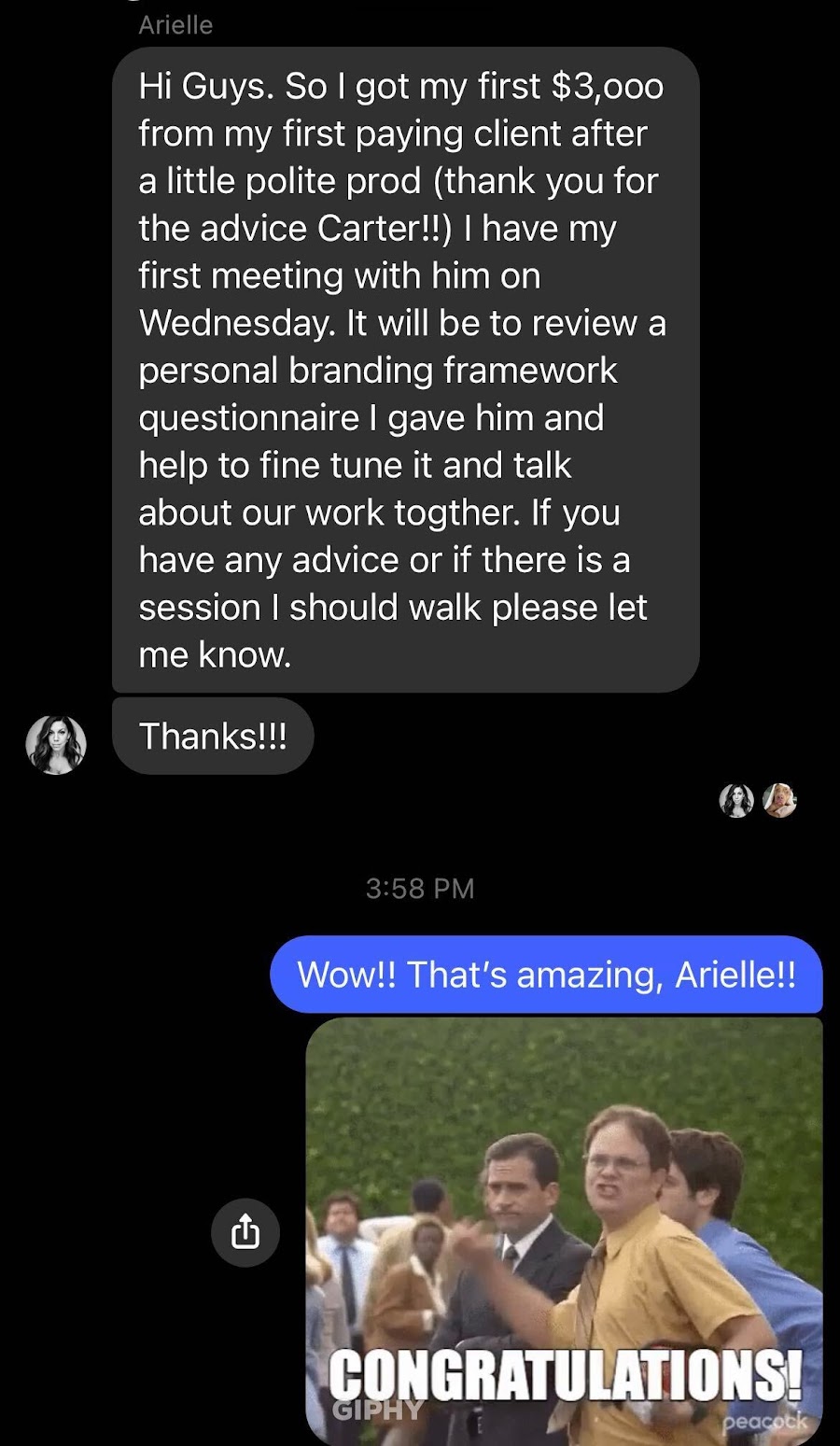 Arielle — career coach, first $3K client