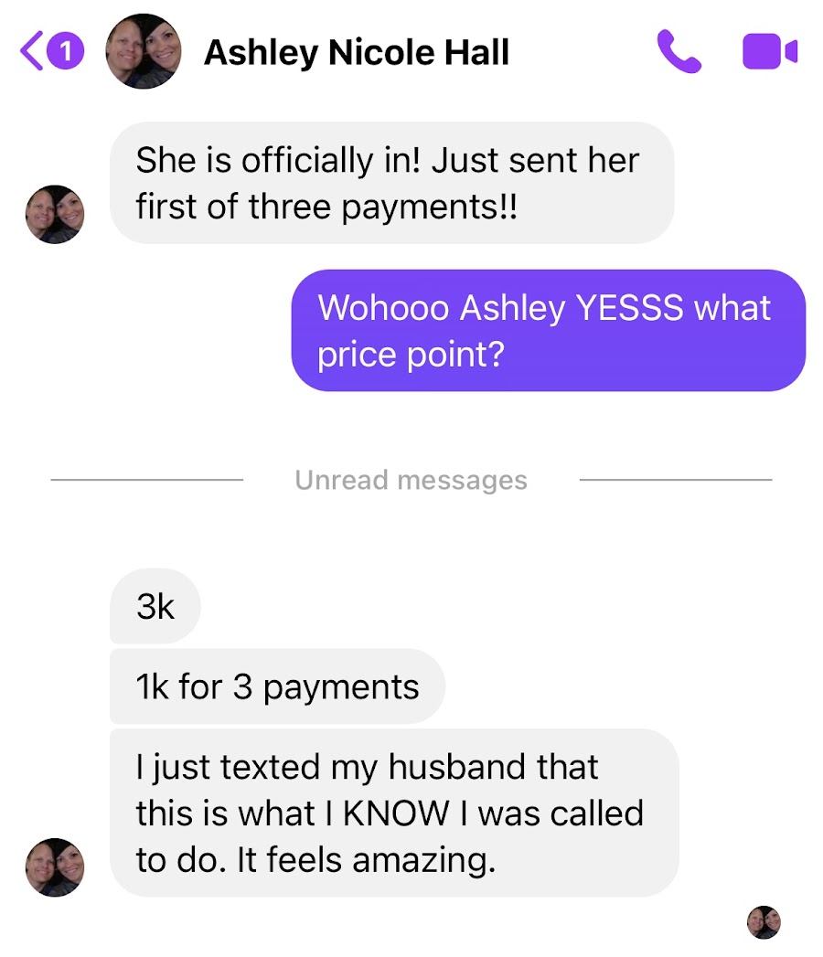 Ashley — fitness coach, $3K client