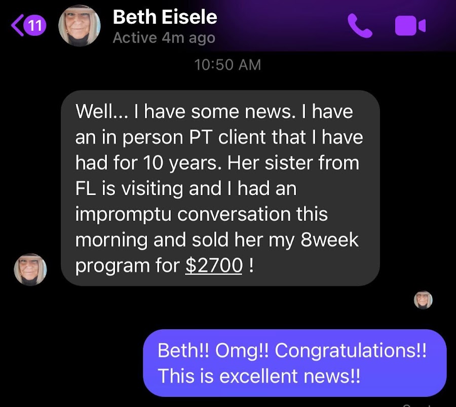 Beth — fitness coach, sold her program at $2.7K