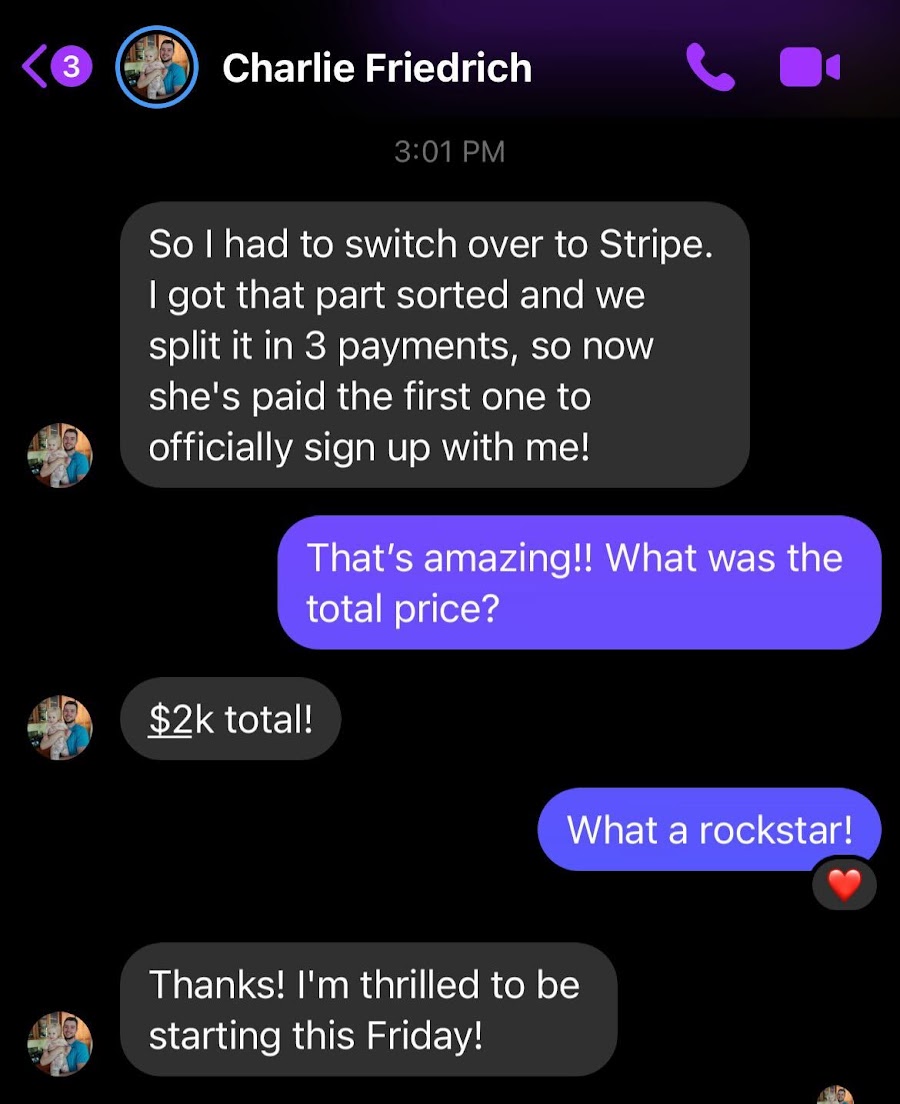 Charlie — fitness coach, $2K client