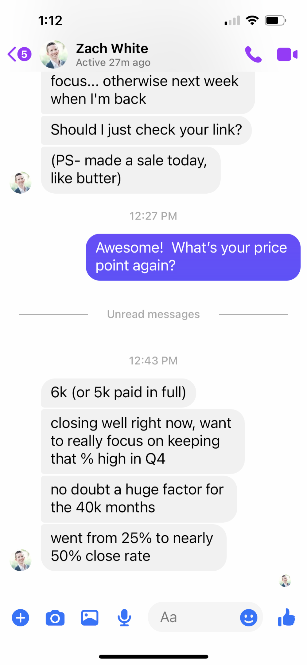Zach: 'made a sale today... 6k (or 5k paid in full)'