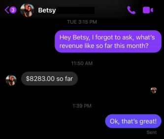 Messenger exchange with Betsy: 'what's revenue like so far this month?' — '$8283.00 so far'